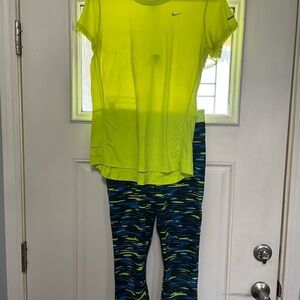 Nike Dri‑FIT Running Set M – Neon Yellow Top & Patterned capri Leggings